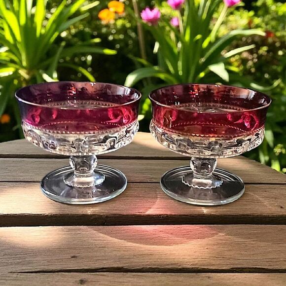 2 Kings Crown Thumbprint Sherbet Dishes Dish Set Ruby Red Flash Indiana Glass - Picture 12 of 16